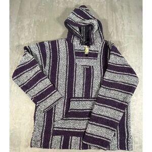 Iguana Jack Baja Hoodie Mens XL Purple Striped Woven Pullover Mexican Poncho